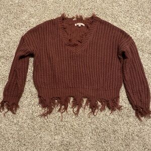 Fringed V-Neck Burgundy Sweater